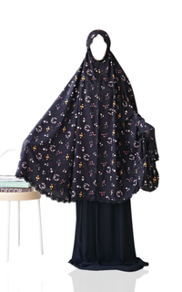 Praying Set Mukena Resleting Maryam Motif bunga kecil hitam, rok hitam