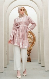 Tunic Kyra Tunic - Tunik Sutra Silk Kekinian Terbaru Wanita Lengan Panjang Batik Print Motif Pink-610108
