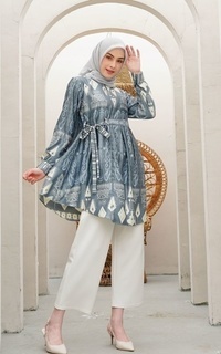 Tunic Kyra Tunic - Tunik Sutra Silk Kekinian Terbaru Wanita Lengan Panjang Batik Print Motif Grey-610111