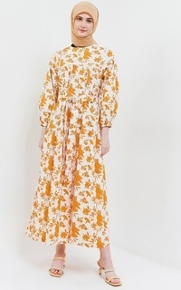 Gamis MFMW Maryam Dress Gamis Putih Motif Daun Orange