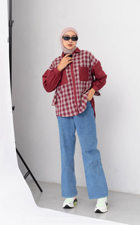 Blazer Kemeja Wanita Plaid shirt Merah Maroon by Adara Maroon-642380