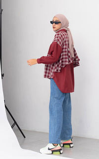 Blazer Kemeja Wanita Plaid shirt Merah Maroon by Adara Maroon-642382