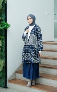 Cardigan Emelin Navy Grey Tenun Long Cardigan