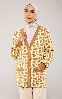 Cardigan Monogram Puffy Sleeve Buttoned Long Cardigan - Mayo