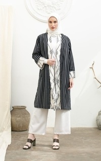 Cardigan Beyza Black White Tenun Long Cardigan