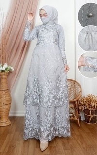 Long Dress Vervessa's Yvonne Brocade Layer Dress Silver | Gaun Kebaya Gamis Raya Pesta Kondangan PO 1 Week