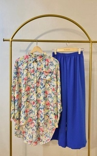 Blus Racin One Set Kemeja Rayon Motif dan Kulot Crinkle (2) - Setelan Wanita - Casual W-683605