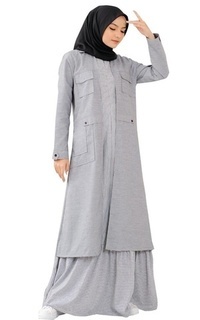 Long Dress Gamis Outer Couple Wanita Terbaru Remaja Anak Motif Salur Premium LG 804 Abu-694736