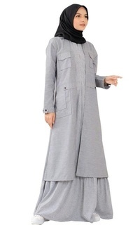 Long Dress Gamis Outer Couple Wanita Terbaru Remaja Anak Motif Salur Premium LG 804 Abu-694737