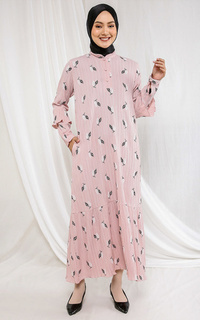 Long Dress Qaaf Gamis Adheeva Crinkle Peach Motif Daun Limited Edition