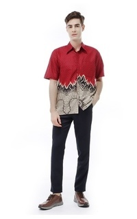 Shirt Kendrick Atasan Formal Kemeja Batik Pria Motif Lidah Api Short Sleeve Full Furing Material Cotton ORIGINAL - Red Red-705296