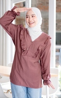 Blouse Mybamus Nadya Ruffle Tops – Blouse V Neck – Atasan Wanita Muslim Plum M18344 R84S4-707657