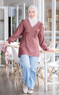 Blouse Mybamus Nadya Ruffle Tops – Blouse V Neck – Atasan Wanita Muslim Plum M18344 R84S4-707663