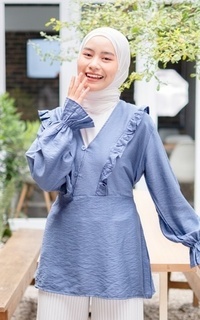 Blouse Mybamus Nadya Ruffle Tops – Blouse V Neck – Atasan Wanita Muslim Sea M18345 R89S6-707665