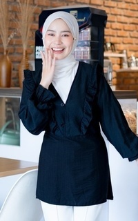 Blouse Mybamus Nadya Ruffle Tops – Blouse V Neck – Atasan Wanita Muslim Black M18346 R88S2-707684