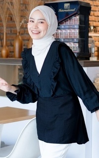 Blouse Mybamus Nadya Ruffle Tops – Blouse V Neck – Atasan Wanita Muslim Black M18346 R88S2-707685