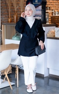 Blouse Mybamus Nadya Ruffle Tops – Blouse V Neck – Atasan Wanita Muslim Black M18346 R88S2-707687