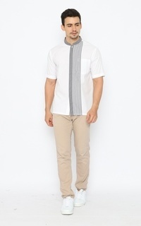 Menswear WM Official - Aidan - Kemeja Lengan Pendek Baju Koko Katun Ginza - Garis - Putih Abu (DEFECT)