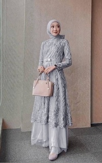 Gamis Ravanka's Erine Brocade Layer Dress Grey| Gaun Kebaya Gamis Raya Pesta Kondangan