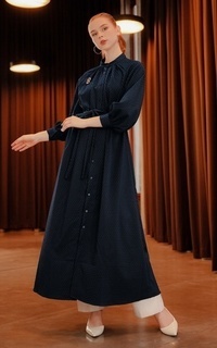 Long Dress Shirt Dress with Belt - Navy