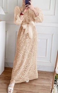 Long Dress Ravanka's Feryal Brocade Layer Dress Latte| Gaun Kebaya Gamis Raya Pesta Kondangan