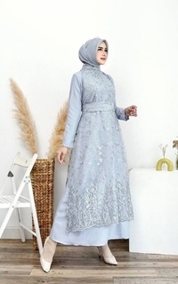Gamis Ravanka's Alda Brocade Layer Dress Grey | Gaun Kebaya Gamis Raya Pesta Kondangan