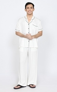 Setelan Set Piyama Rei (Setelan Baju Tidur Pria) Katun Premium Lengan Pendek White-741733