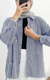 Kemeja Floral Cotton Striped Embroidery Shirt Navy