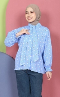 Shirt Mybamus Valery Kemeja Motif Kerah Tali Korean Style Kemeja Lebaran 2025 Blue M19161 R107S5-766865