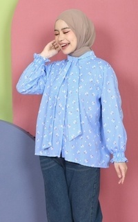 Shirt Mybamus Valery Kemeja Motif Kerah Tali Korean Style Kemeja Lebaran 2025 Blue M19161 R107S5-766866