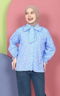 Shirt Mybamus Valery Kemeja Motif Kerah Tali Korean Style Kemeja Lebaran 2025 Blue M19161 R107S5-766867