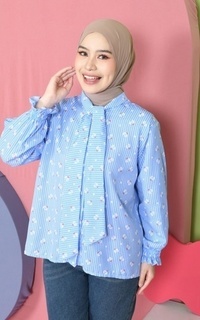 Shirt Mybamus Valery Kemeja Motif Kerah Tali Korean Style Kemeja Lebaran 2025 Blue M19161 R107S5-766868