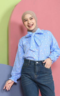 Shirt Mybamus Valery Kemeja Motif Kerah Tali Korean Style Kemeja Lebaran 2025 Blue M19161 R107S5-766870
