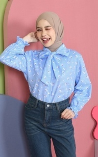 Shirt Mybamus Valery Kemeja Motif Kerah Tali Korean Style Kemeja Lebaran 2025 Blue M19161 R107S5-766872