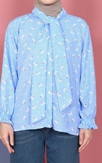 Shirt Mybamus Valery Kemeja Motif Kerah Tali Korean Style Kemeja Lebaran 2025 Blue M19161 R107S5-766874