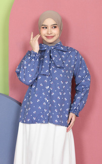 Shirt Mybamus Valery Kemeja Motif Kerah Tali Korean Style Kemeja Lebaran 2025 Navy M19162 R107S6-766875