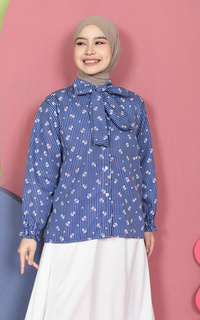 Shirt Mybamus Valery Kemeja Motif Kerah Tali Korean Style Kemeja Lebaran 2025 Navy M19162 R107S6-766876