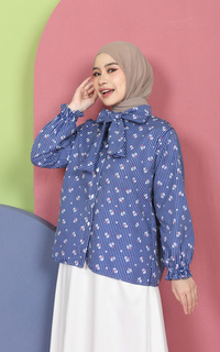 Shirt Mybamus Valery Kemeja Motif Kerah Tali Korean Style Kemeja Lebaran 2025 Navy M19162 R107S6-766877
