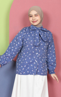 Shirt Mybamus Valery Kemeja Motif Kerah Tali Korean Style Kemeja Lebaran 2025 Navy M19162 R107S6-766879