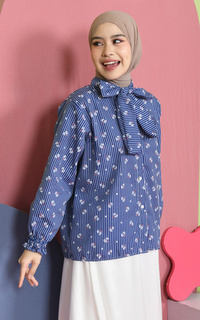 Shirt Mybamus Valery Kemeja Motif Kerah Tali Korean Style Kemeja Lebaran 2025 Navy M19162 R107S6-766881