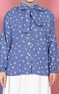 Shirt Mybamus Valery Kemeja Motif Kerah Tali Korean Style Kemeja Lebaran 2025 Navy M19162 R107S6-766883