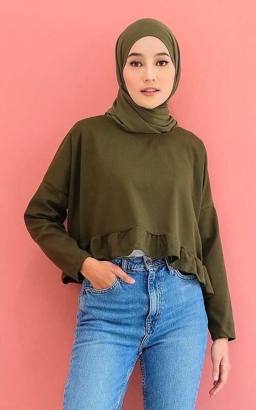 Ruffle Crop Top Warna Army