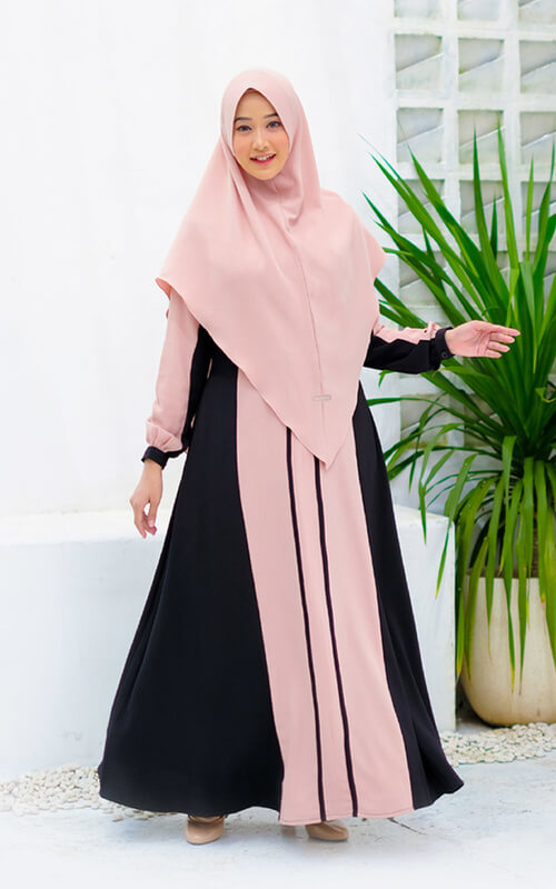 Gamis Polos Kombinasi 2 Warna Pink dan Hitam