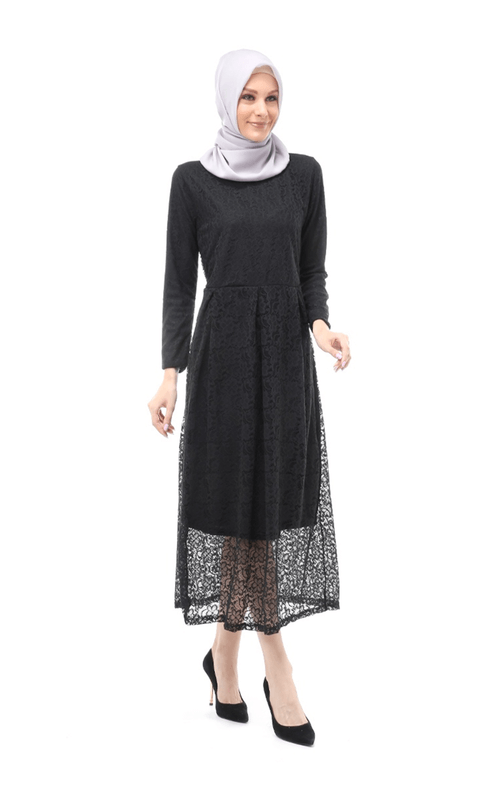 Full Black Dress Brokat Elegan