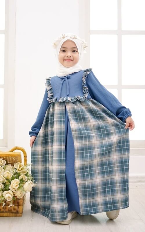 Gamis Biru Motif Tartan