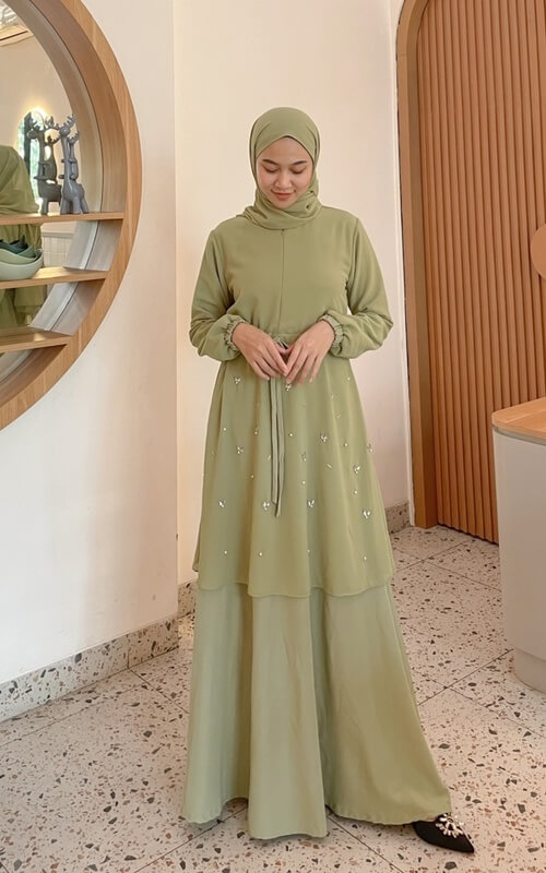 Dress Sage Green dengan Aksen Tali