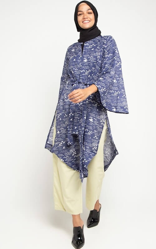 Tunik Biru Motif ala Kimono