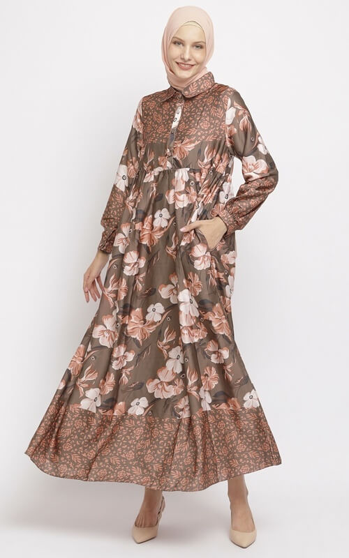 Gamis Coklat Motif Bunga