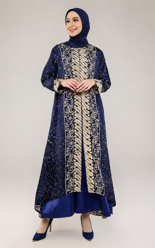 Gamis Biru Dongker Motif Batik