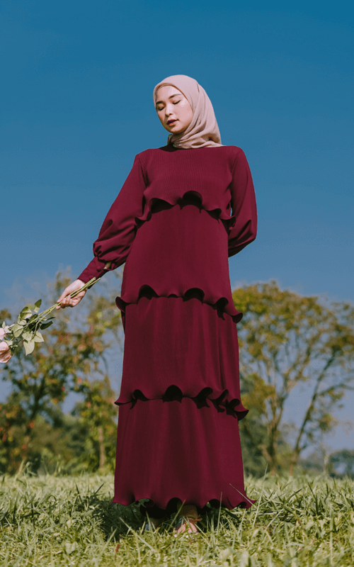 Gamis Susun Plisket Maroon